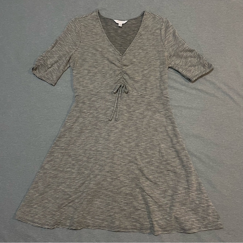 LC Lauren Conrad Fit & Flare Dress Black Gray Gingham V Neck Tie Front